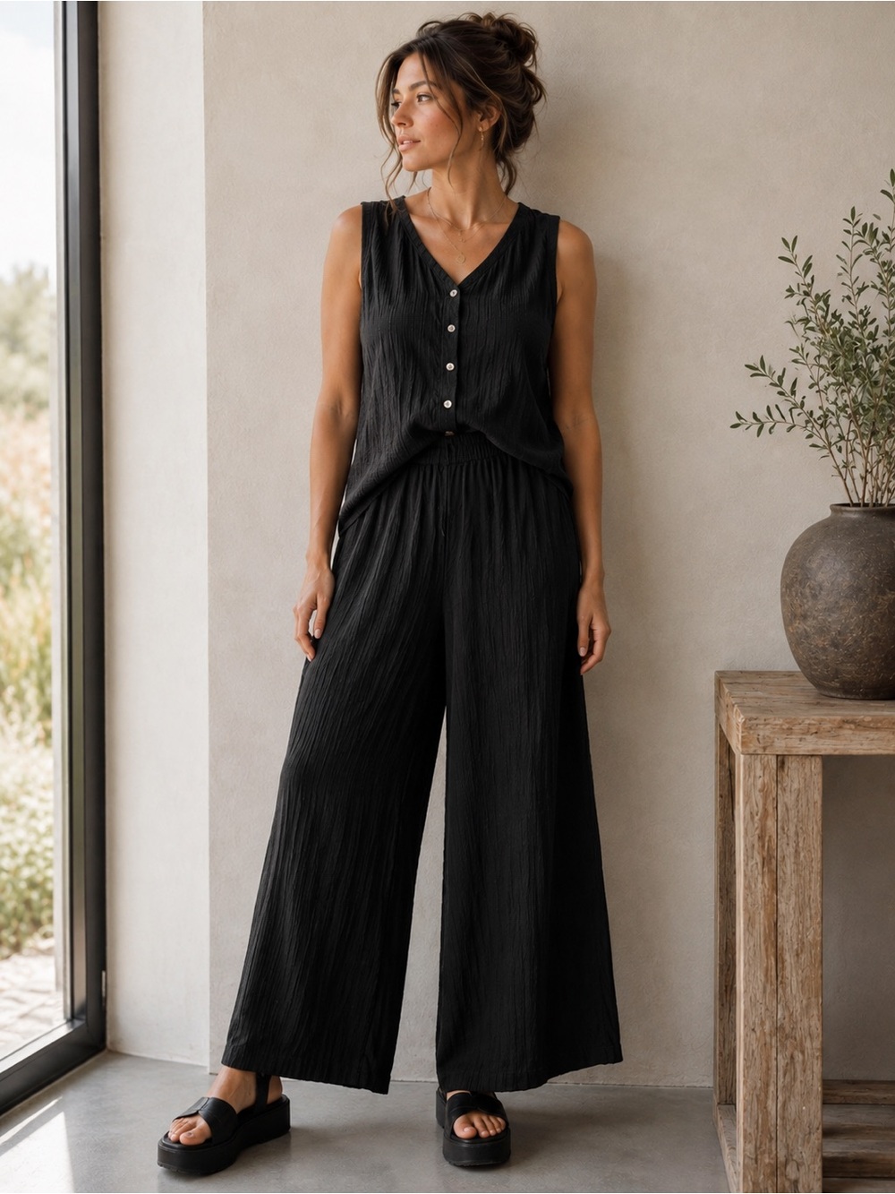 CP Shades Wendy Black Rayon Jacquard Wide Leg Ankle Lagenlook Pants Size M